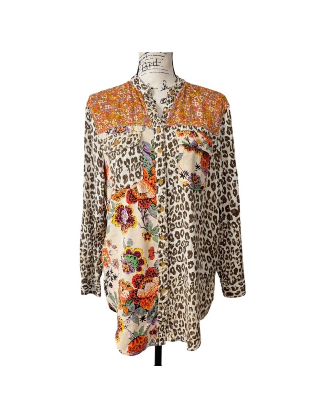 Anthropologie Pilcro Women Size XS Top Button-Up Shirt Mixed Print Tunic Leopard